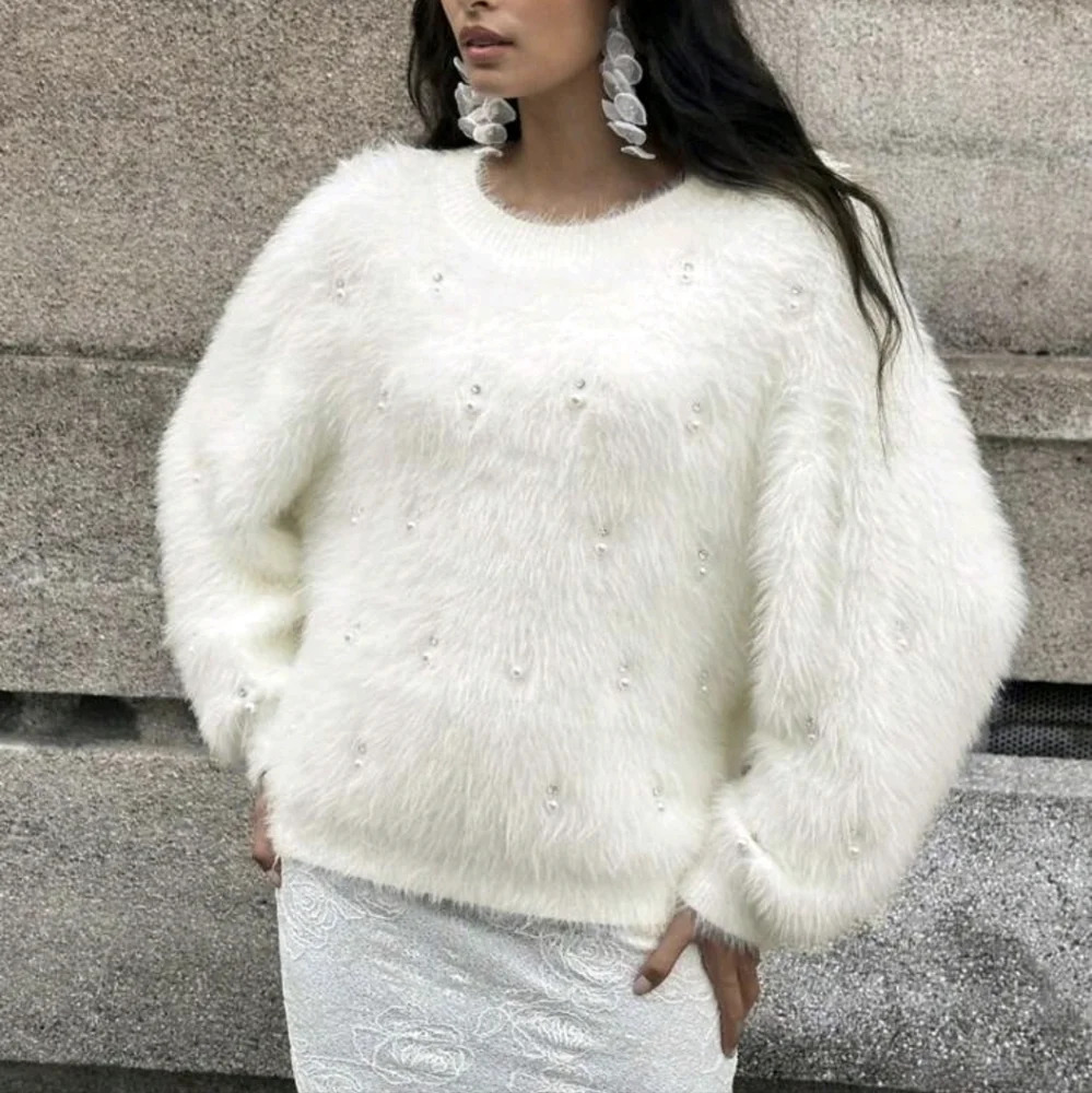 Women's Elegant Cream-White Faux Mink Fuzzy Sweater With Rhinestone Decor - Picture 6 of 6